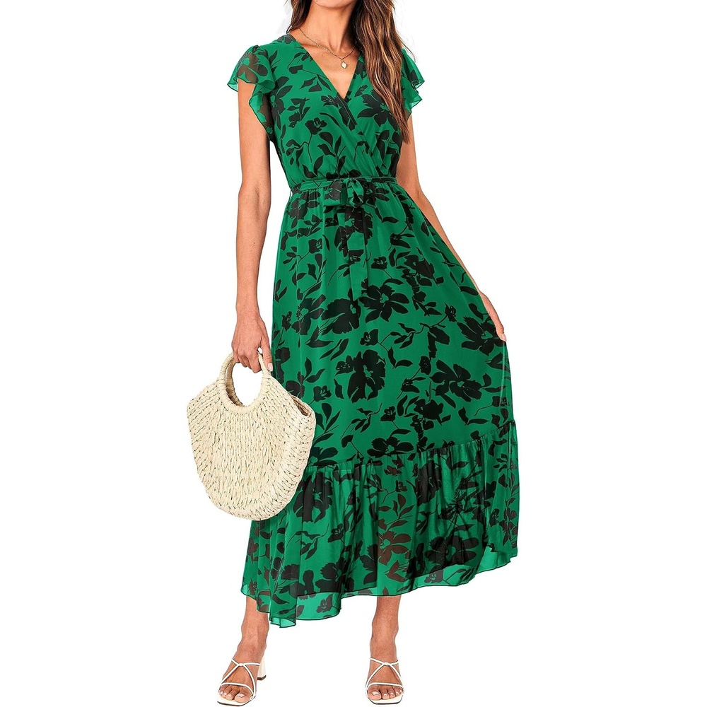 image:imageBTFBM Women Summer Bohemian Floral Casual Wrap V Neck Ruffle Cap Sleeveless Belt ALine Pleated Hem Midi Sun Dress White  Fall Swiss Dots Aline Long Wedding Guest DressesElegant Floral Boho Sundress With PocketsSpring Beach Vacation ClothesGreen Big Floral