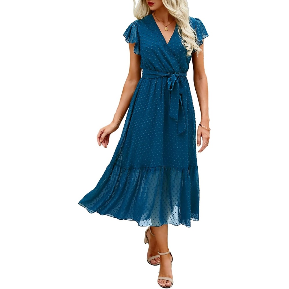 image:imageBTFBM Women Summer Bohemian Floral Casual Wrap V Neck Ruffle Cap Sleeveless Belt ALine Pleated Hem Midi Sun Dress White  Fall Swiss Dots Aline Long Wedding Guest DressesElegant Floral Boho Sundress With PocketsSpring Beach Vacation ClothesSwiss Dot Lake Blue