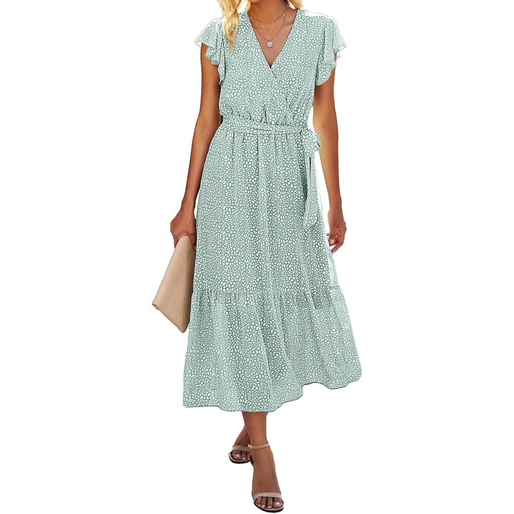 image:imageBTFBM Women Summer Bohemian Floral Casual Wrap V Neck Ruffle Cap Sleeveless Belt ALine Pleated Hem Midi Sun Dress White  Fall Swiss Dots Aline Long Wedding Guest DressesElegant Floral Boho Sundress With PocketsSpring Beach Vacation ClothesLight Green