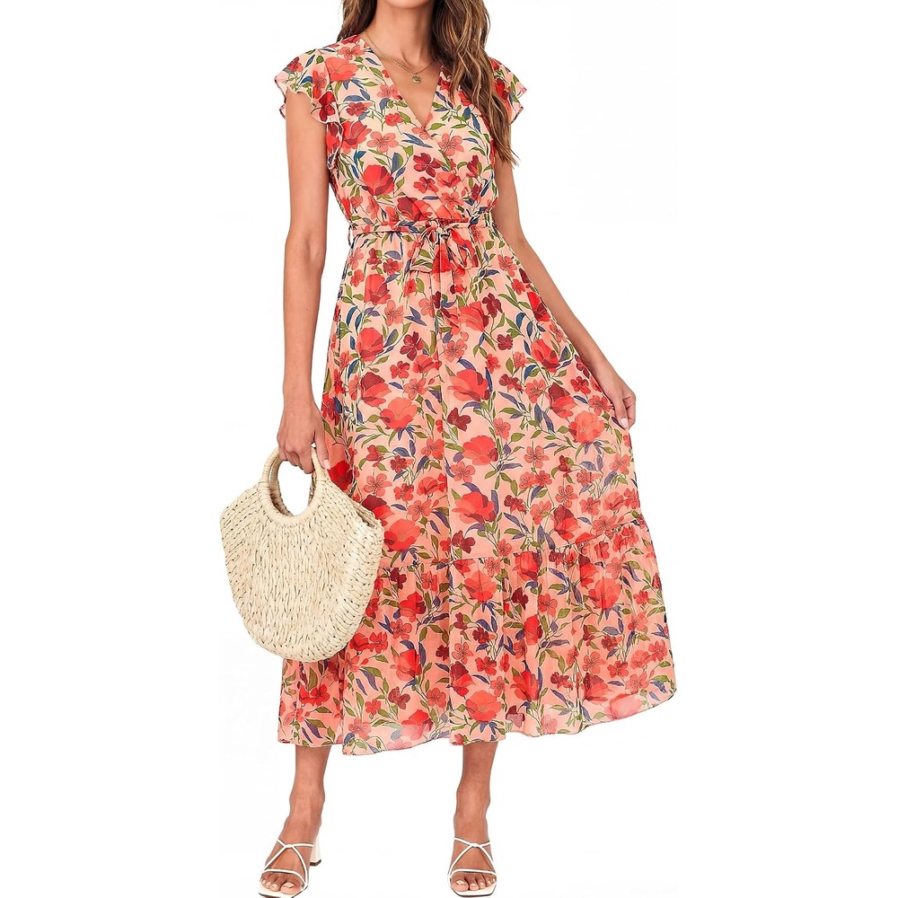 image:imageBTFBM Women Summer Bohemian Floral Casual Wrap V Neck Ruffle Cap Sleeveless Belt ALine Pleated Hem Midi Sun Dress White  Fall Swiss Dots Aline Long Wedding Guest DressesElegant Floral Boho Sundress With PocketsSpring Beach Vacation ClothesFloral Orange Pink Red