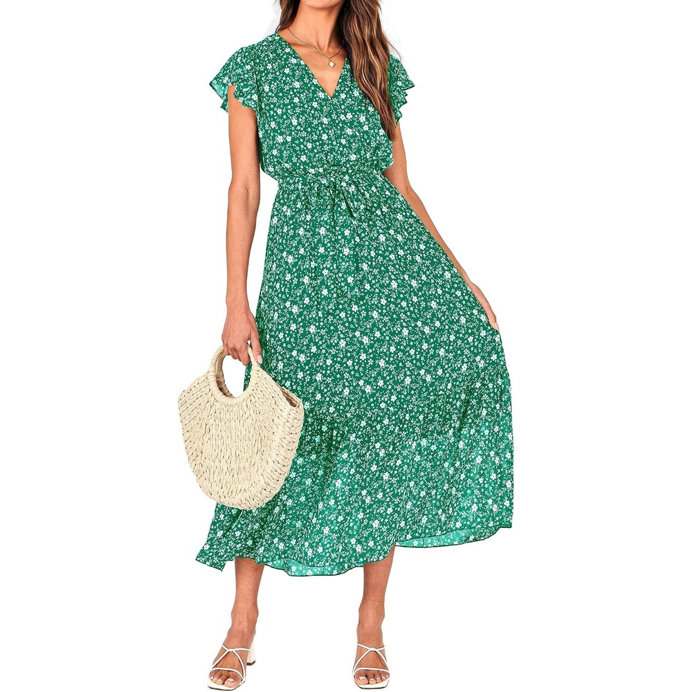 image:imageBTFBM Women Summer Bohemian Floral Casual Wrap V Neck Ruffle Cap Sleeveless Belt ALine Pleated Hem Midi Sun Dress White  Fall Swiss Dots Aline Long Wedding Guest DressesElegant Floral Boho Sundress With PocketsSpring Beach Vacation ClothesFloral White Green