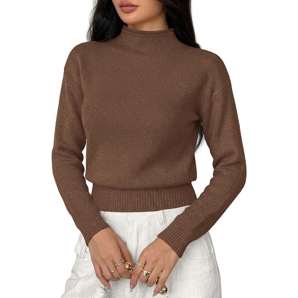 image:imageBTFBM Womens Long Sleeve Sweaters Mock Neck Tops  Lightweight Knit Pullover SweaterBasic Classic Daily Wear 2026 Fall FashionWinter Layer ClothesBusiness Casual OutfitsBrown