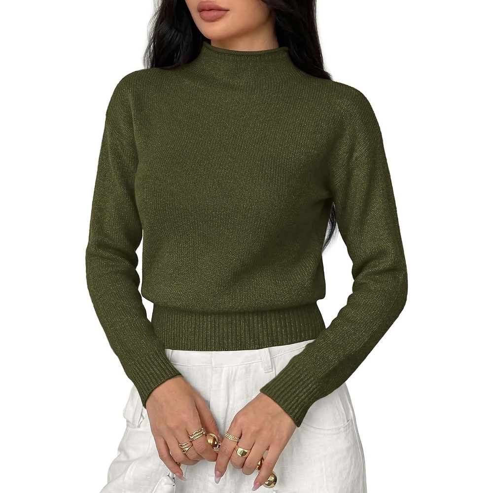 image:imageBTFBM Womens Long Sleeve Sweaters Mock Neck Tops Lightweight Knit Pullover SweaterBasic Classic Daily Wear 2026 Fall FashionWinter Layer ClothesBusiness Casual OutfitsArmy Green