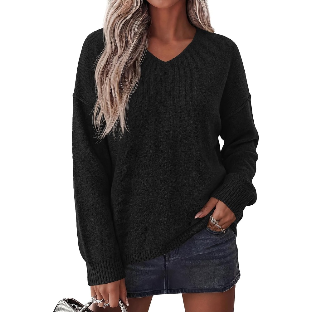 image:imageBTFBM Womens Loose Knitted Casual Sweaters V Neck Pullover Tops Oversized Long Sleeve Sweater Slouchy Halloween Christmas Holiday Outfits Fall Winter Clothes 2026Black