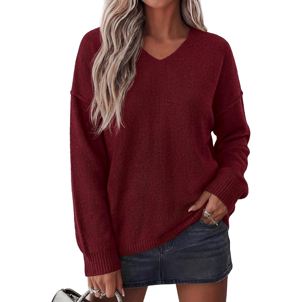 image:imageBTFBM Womens Loose Knitted Casual Sweaters V Neck Pullover Tops Oversized Long Sleeve Sweater Slouchy Halloween Christmas Holiday Outfits Fall Winter Clothes 2026Burgundy