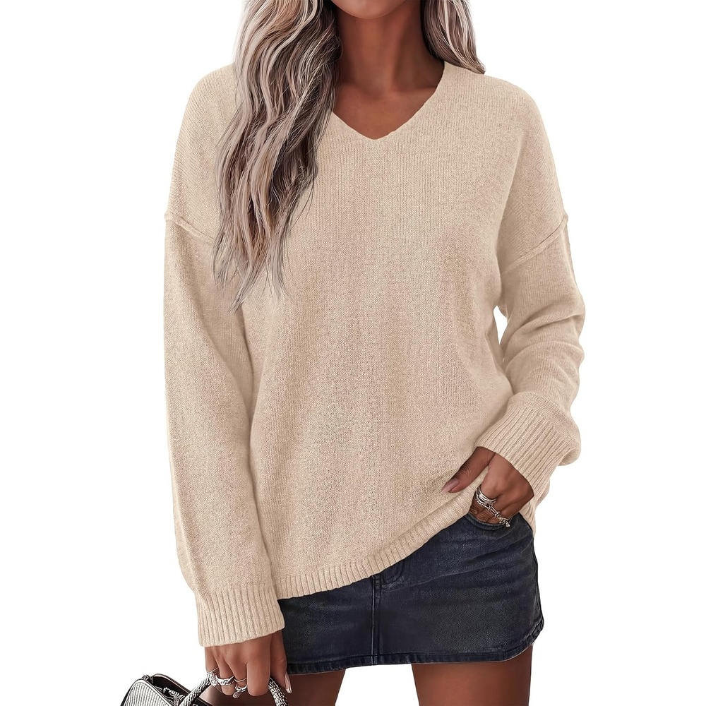 image:imageBTFBM Womens Loose Knitted Casual Sweaters V Neck Pullover Tops Oversized Long Sleeve Sweater Slouchy Halloween Christmas Holiday Outfits Fall Winter Clothes 2026Beige