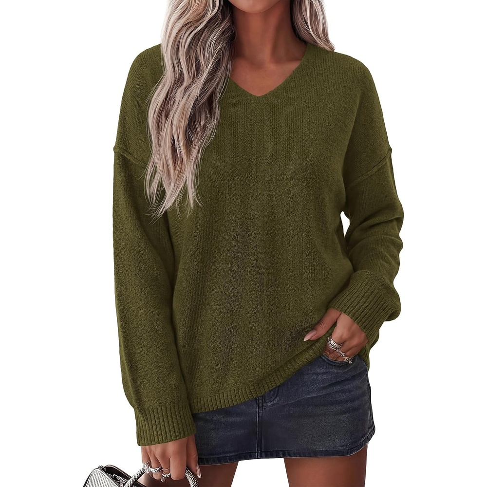 image:imageBTFBM Womens Loose Knitted Casual Sweaters V Neck Pullover Tops Oversized Long Sleeve Sweater Slouchy Halloween Christmas Holiday Outfits Fall Winter Clothes 2026Army Green