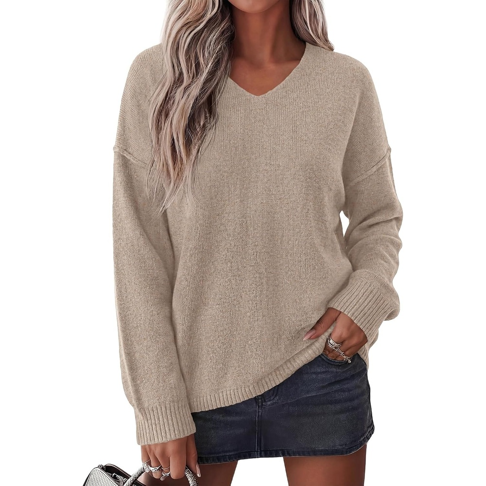 image:imageBTFBM Womens Loose Knitted Casual Sweaters V Neck Pullover Tops Oversized Long Sleeve Sweater Slouchy Halloween Christmas Holiday Outfits Fall Winter Clothes 2026Khaki