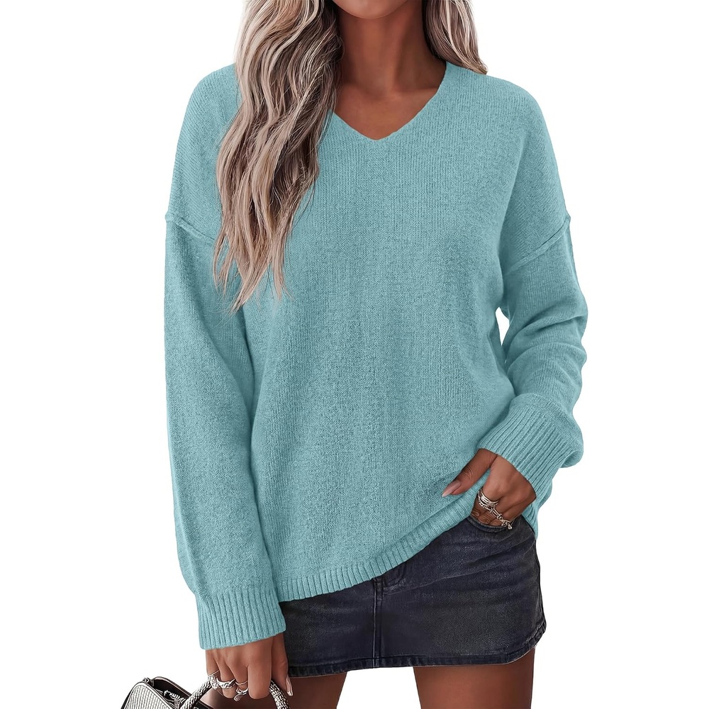 image:imageBTFBM Womens Loose Knitted Casual Sweaters V Neck Pullover Tops Oversized Long Sleeve Sweater Slouchy Halloween Christmas Holiday Outfits Fall Winter Clothes 2026Light Blue