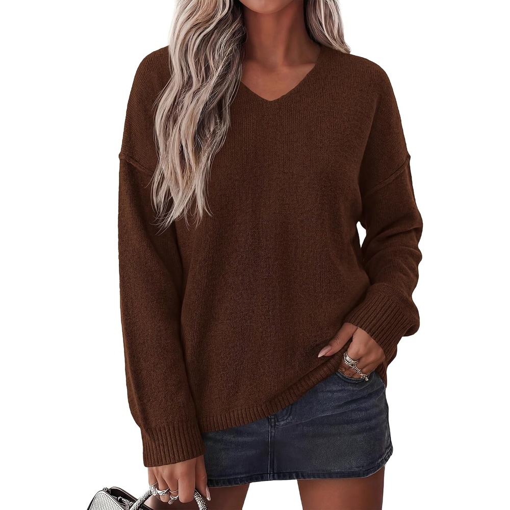 image:imageBTFBM Womens Loose Knitted Casual Sweaters V Neck Pullover Tops Oversized Long Sleeve Sweater Slouchy Halloween Christmas Holiday Outfits Fall Winter Clothes 2026Brown