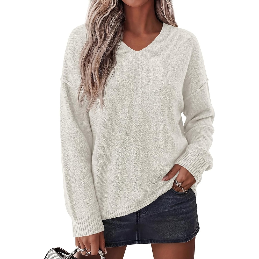 image:imageBTFBM Womens Loose Knitted Casual Sweaters V Neck Pullover Tops Oversized Long Sleeve Sweater Slouchy Halloween Christmas Holiday Outfits Fall Winter Clothes 2026White