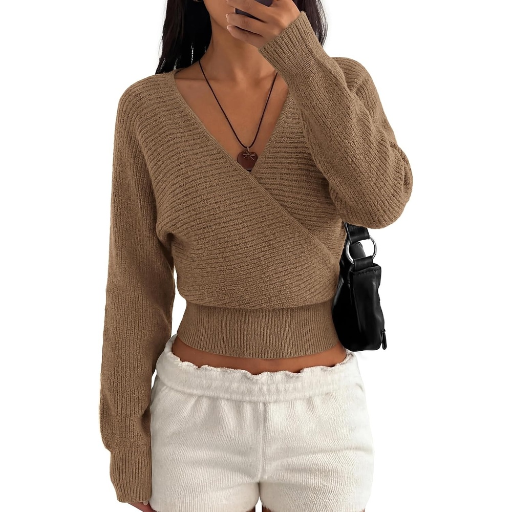image:imageBTFBM Wrap Cross Ribbed Knit Cropped Sweaters for Women 2026  V Neck Cozy Sweater With Safe SnapLong Sleeve Fall Clothes Winter ClothingHoliday Outfits Christmas Thanksgiving HalloweenCamel