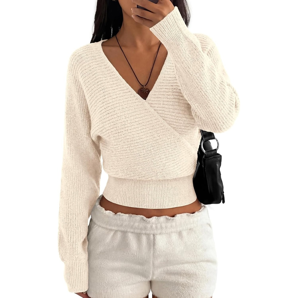 image:imageBTFBM Wrap Cross Ribbed Knit Cropped Sweaters for Women 2026 V Neck Cozy Sweater With Safe SnapLong Sleeve Fall Clothes Winter ClothingHoliday Outfits Christmas Thanksgiving HalloweenBeige