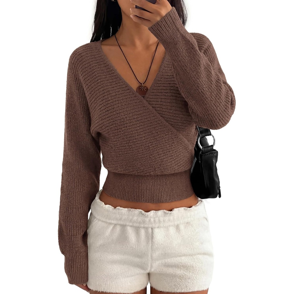 image:imageBTFBM Wrap Cross Ribbed Knit Cropped Sweaters for Women 2026  V Neck Cozy Sweater With Safe SnapLong Sleeve Fall Clothes Winter ClothingHoliday Outfits Christmas Thanksgiving HalloweenBrown
