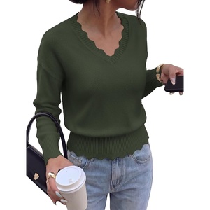 BTFBM Fall Long Sleeve Sweaters for Women | V Neck,Drop Shoulders,Scallop Edges,Lightweight Knit Sweaters Top,Daily Wear,Holiday,Christmas,Winter Clothing 2026(Army Green)