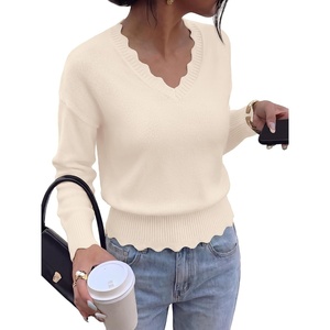 BTFBM Fall Long Sleeve Sweaters for Women | V Neck,Drop Shoulders,Scallop Edges,Lightweight Knit Sweaters Top,Daily Wear,Holiday,Christmas,Winter Clothing 2026(Beige)