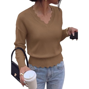 BTFBM Fall Long Sleeve Sweaters for Women | V Neck,Drop Shoulders,Scallop Edges,Lightweight Knit Sweaters Top,Daily Wear,Holiday,Christmas,Winter Clothing 2026(Camel)