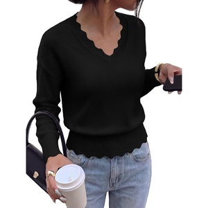 BTFBM Fall Long Sleeve Sweaters for Women | V Neck,Drop Shoulders,Scallop Edges,Lightweight Knit Sweaters Top,Daily Wear,Holiday,Christmas,Winter Clothing 2026(Black)