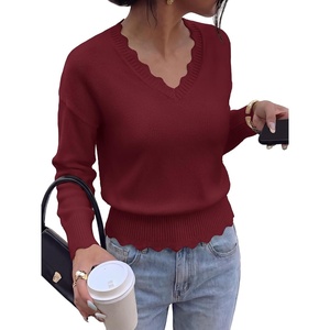BTFBM Fall Long Sleeve Sweaters for Women | V Neck,Drop Shoulders,Scallop Edges,Lightweight Knit Sweaters Top,Daily Wear,Holiday,Christmas,Winter Clothing 2026(Burgundy)