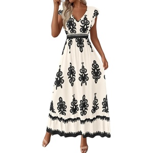 BTFBM Summer Dresses for Women Beach Fashion Floral Short Sleeve V Neck Boho Long Wedding Guest Maxi Dress Spring(Floral Apricot Black)
