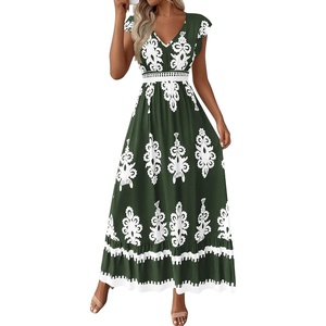 BTFBM Summer Dresses for Women Beach Fashion Floral Short Sleeve V Neck Boho Long Wedding Guest Maxi Dress Spring(Floral Army Green White)
