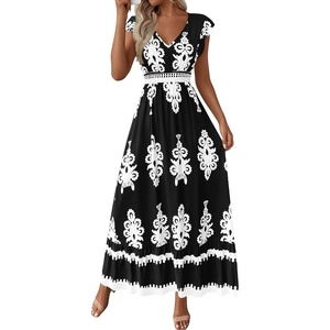 BTFBM Summer Dresses for Women Beach Fashion Floral Short Sleeve V Neck Boho Long Wedding Guest Maxi Dress Spring(Floral Black White)