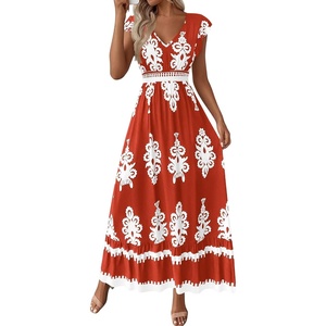 BTFBM Summer Dresses for Women Beach Fashion Floral Short Sleeve V Neck Boho Long Wedding Guest Maxi Dress Spring(Floral Brick Red White)