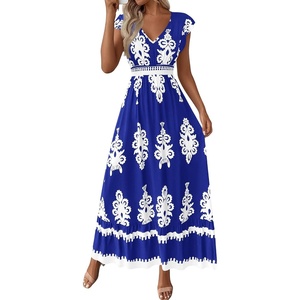 BTFBM Summer Dresses for Women Beach Fashion Floral Short Sleeve V Neck Boho Long Wedding Guest Maxi Dress Spring(Floral Royal Blue White)