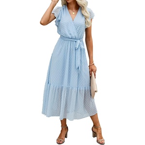BTFBM Women Summer Bohemian Floral Casual Wrap V Neck Ruffle Cap Sleeveless Belt A-Line Pleated Hem Midi Sun Dress White | Fall Swiss Dots A-line Long Wedding Guest Dresses,Elegant Floral Boho Sundress With Pockets,Spring Beach Vacation Clothes(Swiss Dot Light Blue)