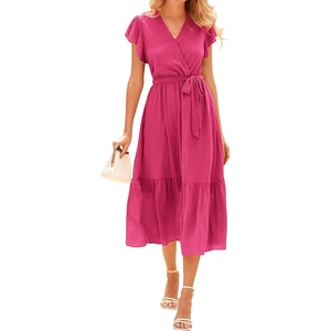 BTFBM Women Summer Bohemian Floral Casual Wrap V Neck Ruffle Cap Sleeveless Belt A-Line Pleated Hem Midi Sun Dress White | Fall Swiss Dots A-line Long Wedding Guest Dresses,Elegant Floral Boho Sundress With Pockets,Spring Beach Vacation Clothes(Solid Rose Red)