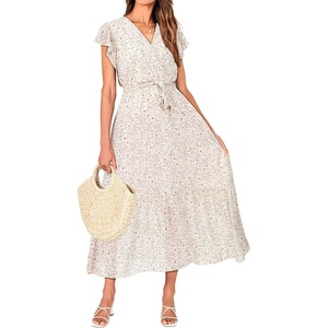 BTFBM Women Summer Bohemian Floral Casual Wrap V Neck Ruffle Cap Sleeveless Belt A-Line Pleated Hem Midi Sun Dress White | Fall Swiss Dots A-line Long Wedding Guest Dresses,Elegant Floral Boho Sundress With Pockets,Spring Beach Vacation Clothes(Apricot)
