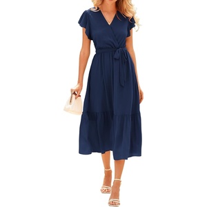 BTFBM Women Summer Bohemian Floral Casual Wrap V Neck Ruffle Cap Sleeveless Belt A-Line Pleated Hem Midi Sun Dress White | Fall Swiss Dots A-line Long Wedding Guest Dresses,Elegant Floral Boho Sundress With Pockets,Spring Beach Vacation Clothes(Solid Navy)
