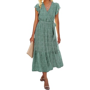 BTFBM Women Summer Bohemian Floral Casual Wrap V Neck Ruffle Cap Sleeveless Belt A-Line Pleated Hem Midi Sun Dress White | Fall Swiss Dots A-line Long Wedding Guest Dresses,Elegant Floral Boho Sundress With Pockets,Spring Beach Vacation Clothes(Dark Green)