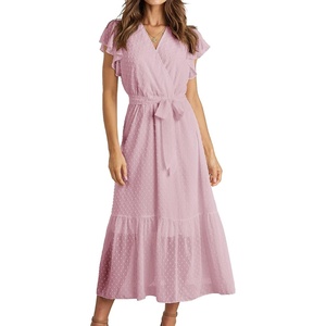 BTFBM Women Summer Bohemian Floral Casual Wrap V Neck Ruffle Cap Sleeveless Belt A-Line Pleated Hem Midi Sun Dress White | Fall Swiss Dots A-line Long Wedding Guest Dresses,Elegant Floral Boho Sundress With Pockets,Spring Beach Vacation Clothes(Swiss Dot Pink)