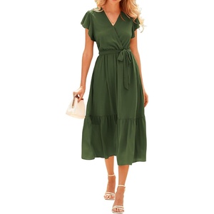 BTFBM Women Summer Bohemian Floral Casual Wrap V Neck Ruffle Cap Sleeveless Belt A-Line Pleated Hem Midi Sun Dress White | Fall Swiss Dots A-line Long Wedding Guest Dresses,Elegant Floral Boho Sundress With Pockets,Spring Beach Vacation Clothes(Solid Army Green)