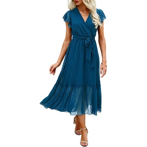 BTFBM Women Summer Bohemian Floral Casual Wrap V Neck Ruffle Cap Sleeveless Belt A-Line Pleated Hem Midi Sun Dress White | Fall Swiss Dots A-line Long Wedding Guest Dresses,Elegant Floral Boho Sundress With Pockets,Spring Beach Vacation Clothes(Swiss Dot Lake Blue)