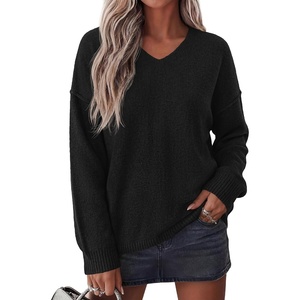 BTFBM Women’s Loose Knitted Casual Sweaters | V Neck Pullover Tops, Oversized Long Sleeve Sweater, Slouchy, Halloween, Christmas, Holiday Outfits, Fall Winter Clothes 2026(Black)