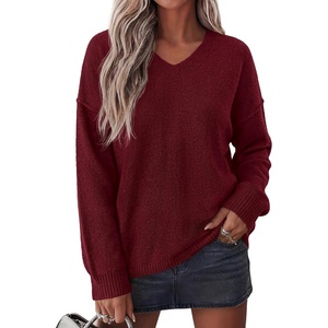 BTFBM Women’s Loose Knitted Casual Sweaters | V Neck Pullover Tops, Oversized Long Sleeve Sweater, Slouchy, Halloween, Christmas, Holiday Outfits, Fall Winter Clothes 2026(Burgundy)