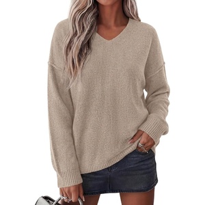BTFBM Women’s Loose Knitted Casual Sweaters | V Neck Pullover Tops, Oversized Long Sleeve Sweater, Slouchy, Halloween, Christmas, Holiday Outfits, Fall Winter Clothes 2026(Khaki)