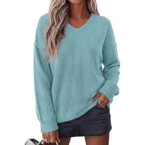 BTFBM Women’s Loose Knitted Casual Sweaters | V Neck Pullover Tops, Oversized Long Sleeve Sweater, Slouchy, Halloween, Christmas, Holiday Outfits, Fall Winter Clothes 2026(Light Blue)