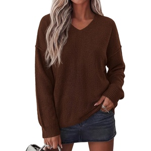 BTFBM Women’s Loose Knitted Casual Sweaters | V Neck Pullover Tops, Oversized Long Sleeve Sweater, Slouchy, Halloween, Christmas, Holiday Outfits, Fall Winter Clothes 2026(Brown)