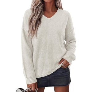 BTFBM Women’s Loose Knitted Casual Sweaters | V Neck Pullover Tops, Oversized Long Sleeve Sweater, Slouchy, Halloween, Christmas, Holiday Outfits, Fall Winter Clothes 2026(White)