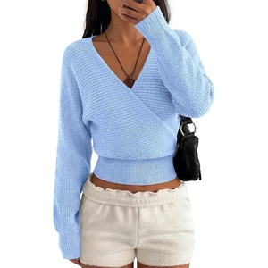 BTFBM Wrap Cross Ribbed Knit Cropped Sweaters for Women 2026 | V Neck Cozy Sweater With Safe Snap,Long Sleeve Fall Clothes Winter Clothing,Holiday Outfits Christmas Thanksgiving Halloween(Light Blue)