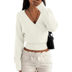 BTFBM Wrap Cross Ribbed Knit Cropped Sweaters for Women 2026 | V Neck Cozy Sweater With Safe Snap,Long Sleeve Fall Clothes Winter Clothing,Holiday Outfits Christmas Thanksgiving Halloween(White)