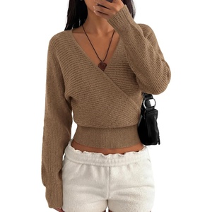 BTFBM Wrap Cross Ribbed Knit Cropped Sweaters for Women 2026 | V Neck Cozy Sweater With Safe Snap,Long Sleeve Fall Clothes Winter Clothing,Holiday Outfits Christmas Thanksgiving Halloween(Camel)