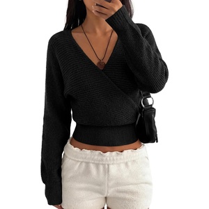 BTFBM Wrap Cross Ribbed Knit Cropped Sweaters for Women 2026 | V Neck Cozy Sweater With Safe Snap,Long Sleeve Fall Clothes Winter Clothing,Holiday Outfits Christmas Thanksgiving Halloween(Black)