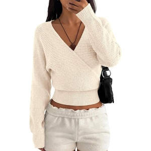 BTFBM Wrap Cross Ribbed Knit Cropped Sweaters for Women 2026 | V Neck Cozy Sweater With Safe Snap,Long Sleeve Fall Clothes Winter Clothing,Holiday Outfits Christmas Thanksgiving Halloween(Beige)