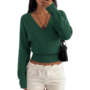 BTFBM Wrap Cross Ribbed Knit Cropped Sweaters for Women 2026 | V Neck Cozy Sweater With Safe Snap,Long Sleeve Fall Clothes Winter Clothing,Holiday Outfits Christmas Thanksgiving Halloween(Dark Green)
