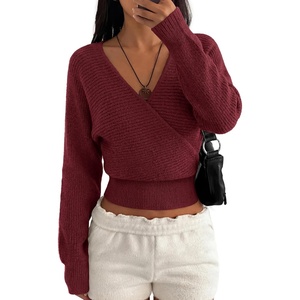 BTFBM Wrap Cross Ribbed Knit Cropped Sweaters for Women 2026 | V Neck Cozy Sweater With Safe Snap,Long Sleeve Fall Clothes Winter Clothing,Holiday Outfits Christmas Thanksgiving Halloween(Burgundy)