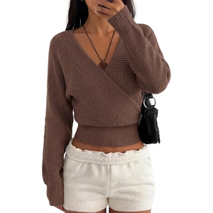BTFBM Wrap Cross Ribbed Knit Cropped Sweaters for Women 2026 | V Neck Cozy Sweater With Safe Snap,Long Sleeve Fall Clothes Winter Clothing,Holiday Outfits Christmas Thanksgiving Halloween(Brown)